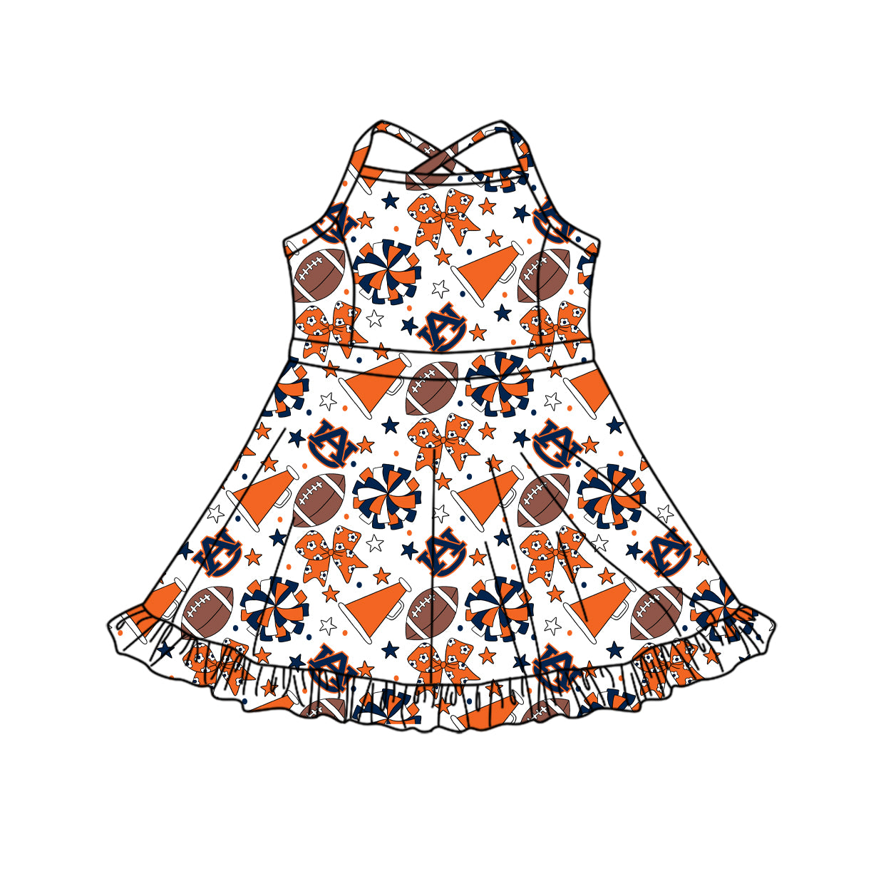 ( Moq 5 ) Baby Girls Toddler Straps Orange Bows Cheer Football Shorts Ruffle Dress Team Clothes