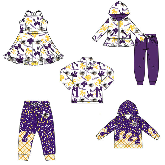 ( Moq 5 each style ) Baby Boy Girl Team Cheer Sibling Shirt Purple Drips Bows Dress Set 8.12