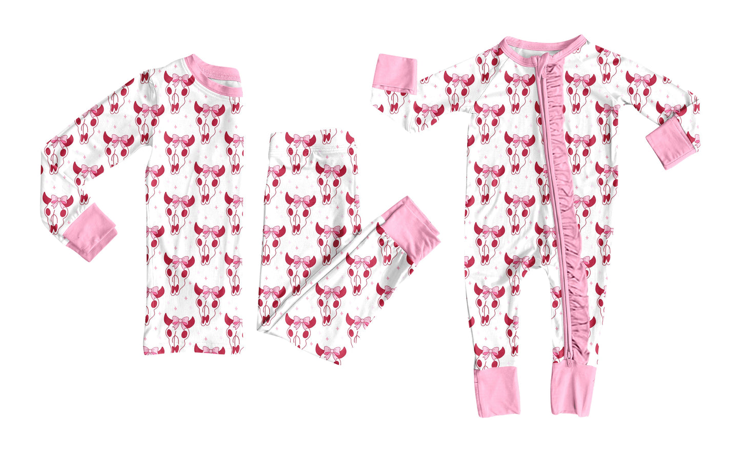 ( Moq 5 Each Style ) Baby Girl Toddler Western Bull Skull Pink Bows Sibling Romper Set