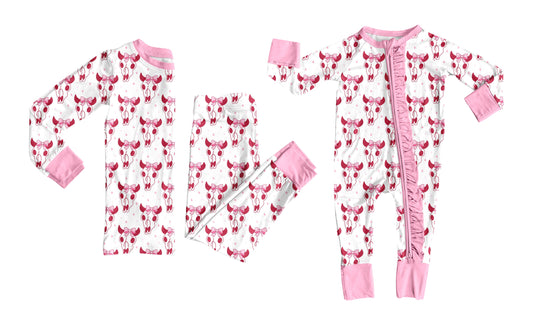 ( Moq 5 Each Style ) Baby Girl Toddler Western Bull Skull Pink Bows Sibling Romper Set