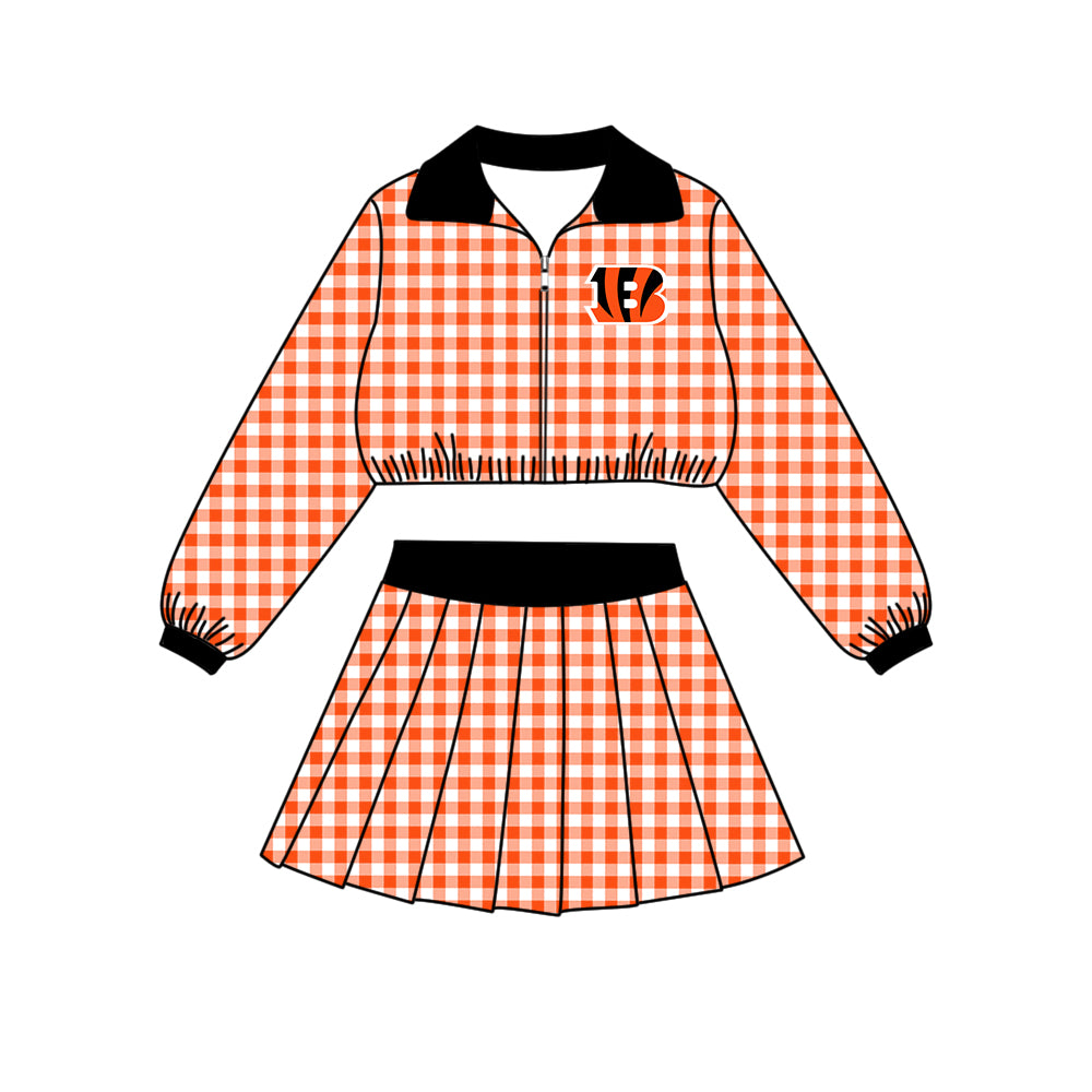 ( Moq 5 ) Baby Girls Kids Long Sleeves Plaid Zipper Tops Skirt Shorts Team Set Clothes