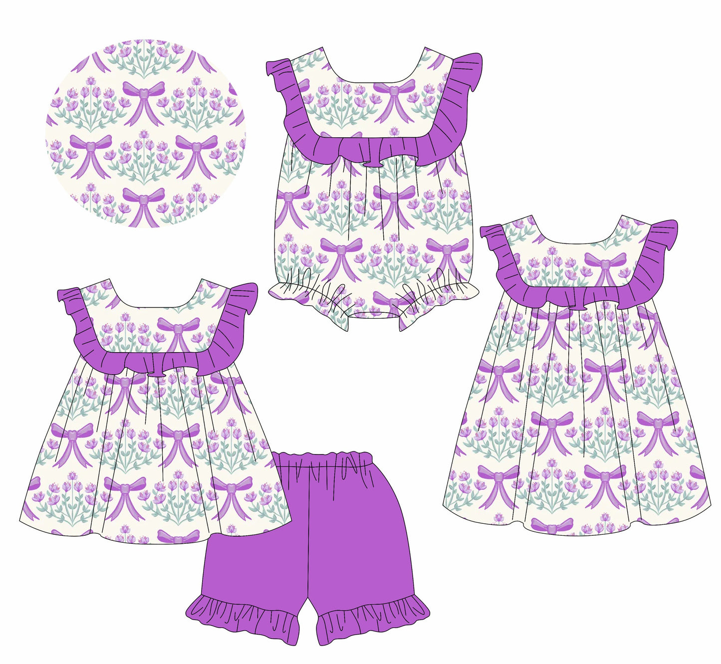 Baby Girl Flower Purple Bows Ruffle Kids Sibling Romper Dress Set ( Moq 5 Each Style ) 1.11