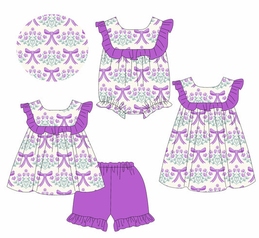 Baby Girl Flower Purple Bows Ruffle Kids Sibling Romper Dress Set ( Moq 5 Each Style ) 1.11
