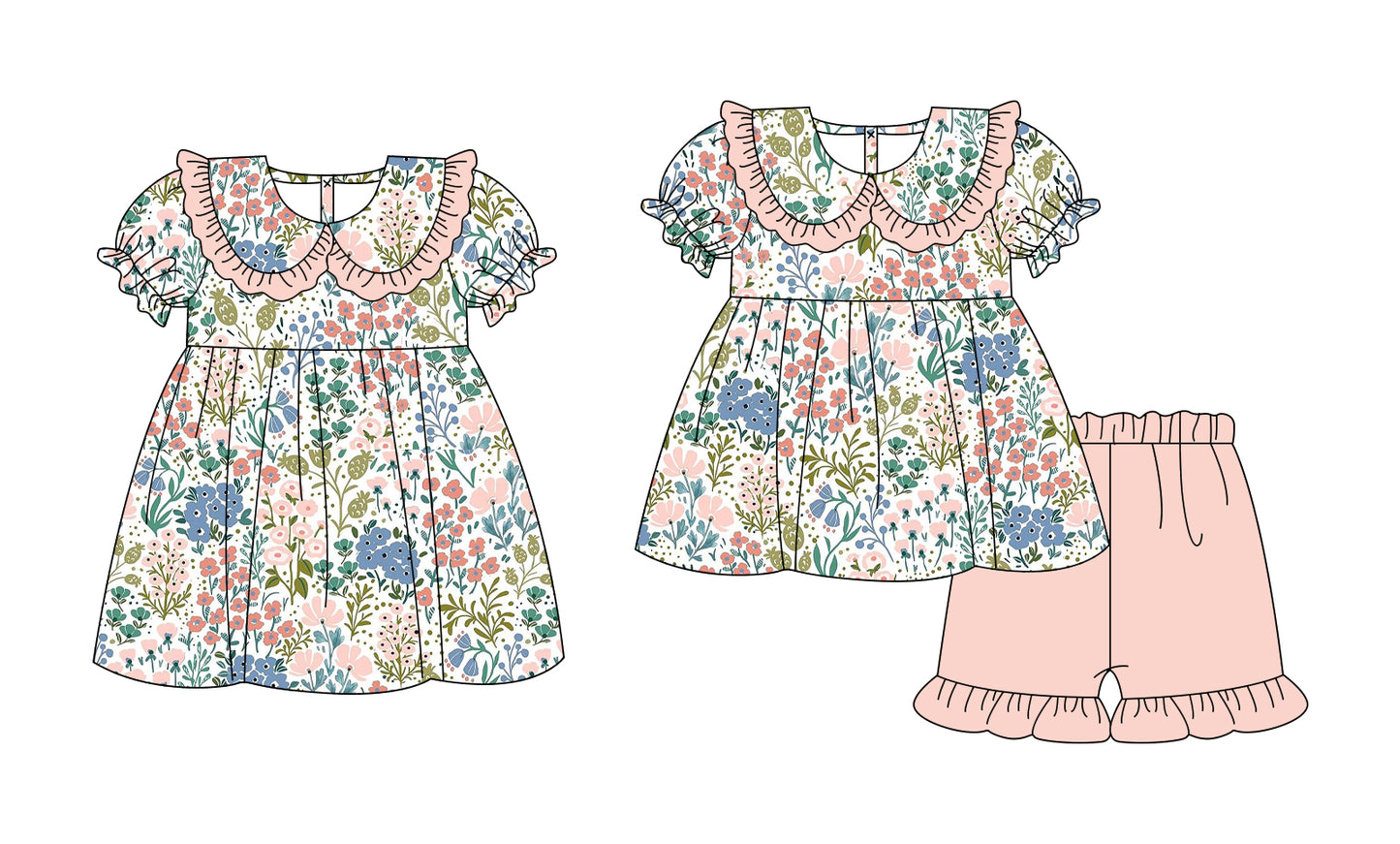( Moq 5 Each Style ) Baby Girls Kids Short Sleeves Flower Sibling Summer Dress Set