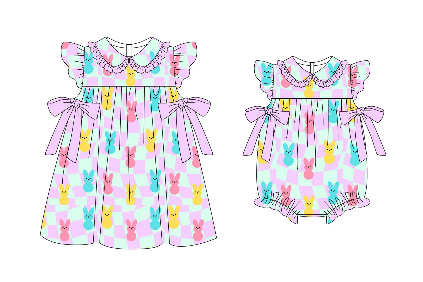 ( Moq 5 Each Style ) Baby Girls Rabbits Checked Bows Sibling Easter Romper Dress