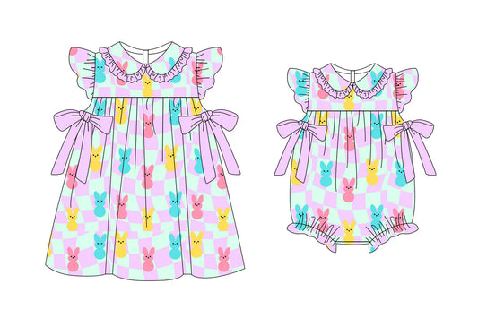 ( Moq 5 Each Style ) Baby Girls Rabbits Checked Bows Sibling Easter Romper Dress