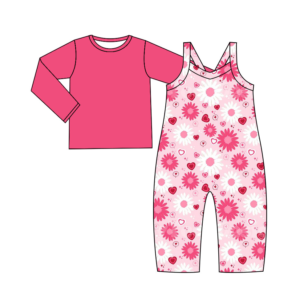 Baby Girl Toddler Long Sleeves Pink Shirt Valentine Hearts Flower Jumpsuit Set