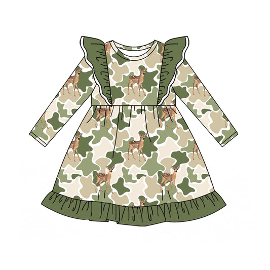 ( Moq 5 ) Preorder Baby Girls Kids Deer Camo Green Ruffle Knee Length Dress Hunting Clothes