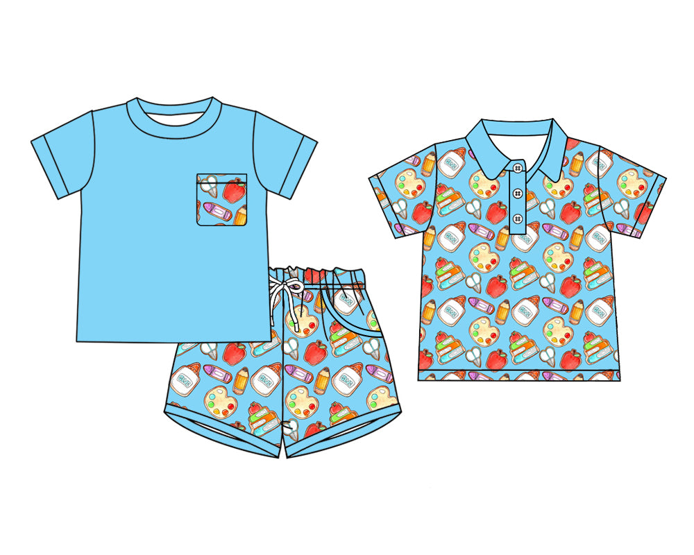 ( Moq 5 Each Style ) Baby Boys Kids Short Sleeves Sibling Back to School Blue Shirt Set