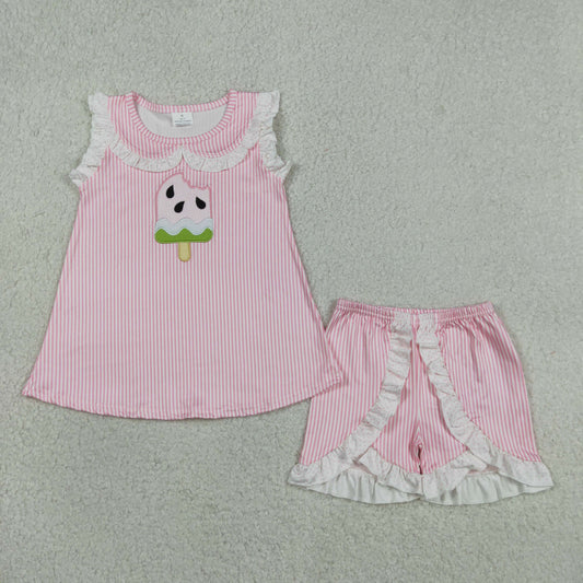 Baby Girls Kids Embroidery Popsicle Tops Pink Stripes Ruffle Shorts Summer Set RTS