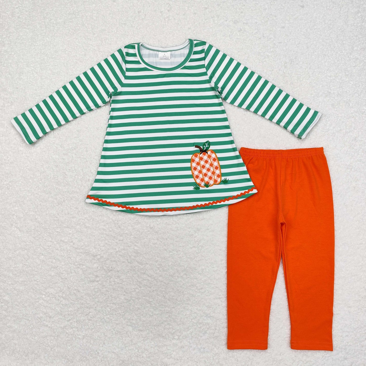 Baby Girl Green Stripes Embroidery Pumpkin Tunic Orange Pants Set