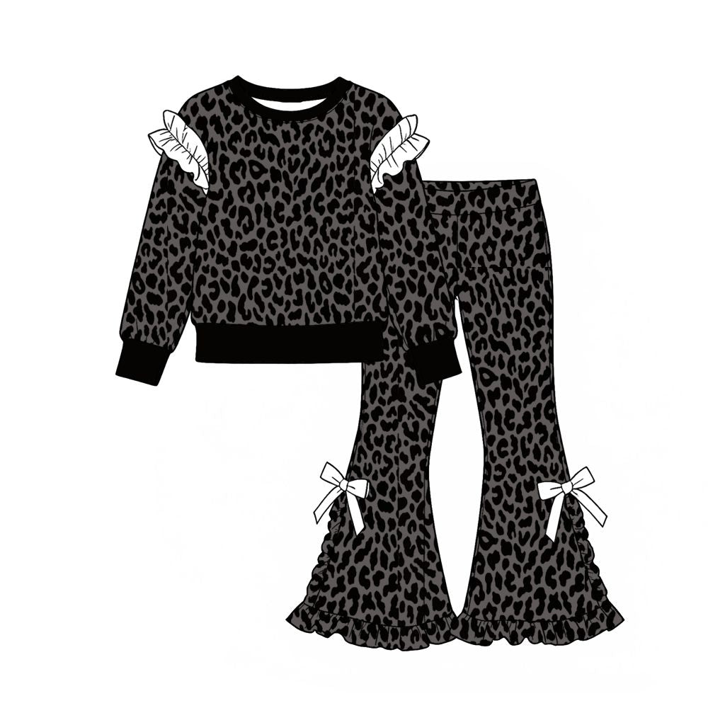 ( Moq 5 ) Preorder Baby Girls Kids Long Sleeves Leopard Shirt Bows Ruffle Pants Black Set Clothes