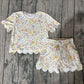 Baby Girls Toddler Short Sleeves Flower Shirt Scallop Shorts Yellow Set RTS