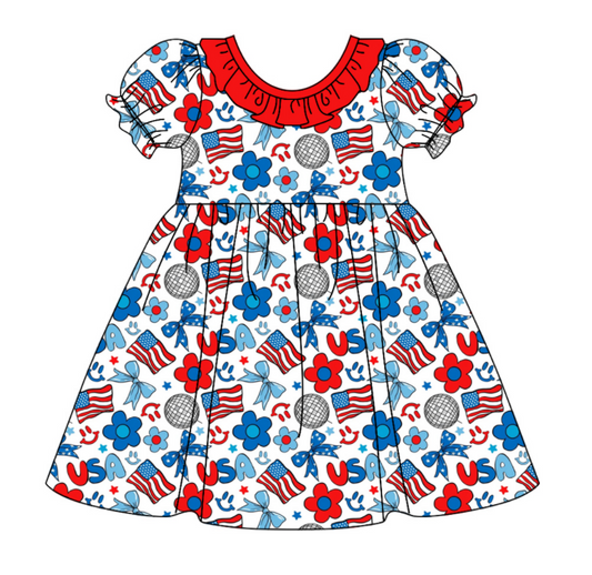 Baby Girl Short Sleeves Shirt Flower Flags July 4th Dress Moq 5