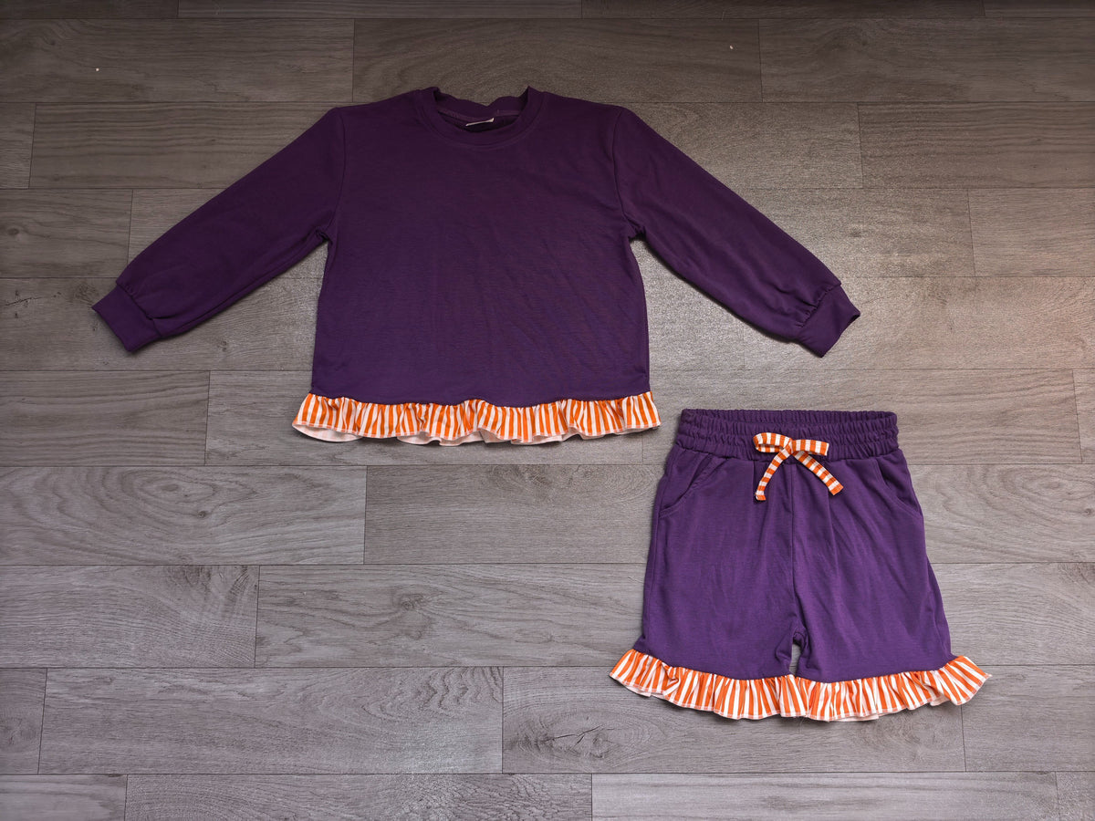 ( No moq ) Preorder Baby Girls Kids Long Sleeves Purple Shirt Stripes Shorts Set Cotton Clothes