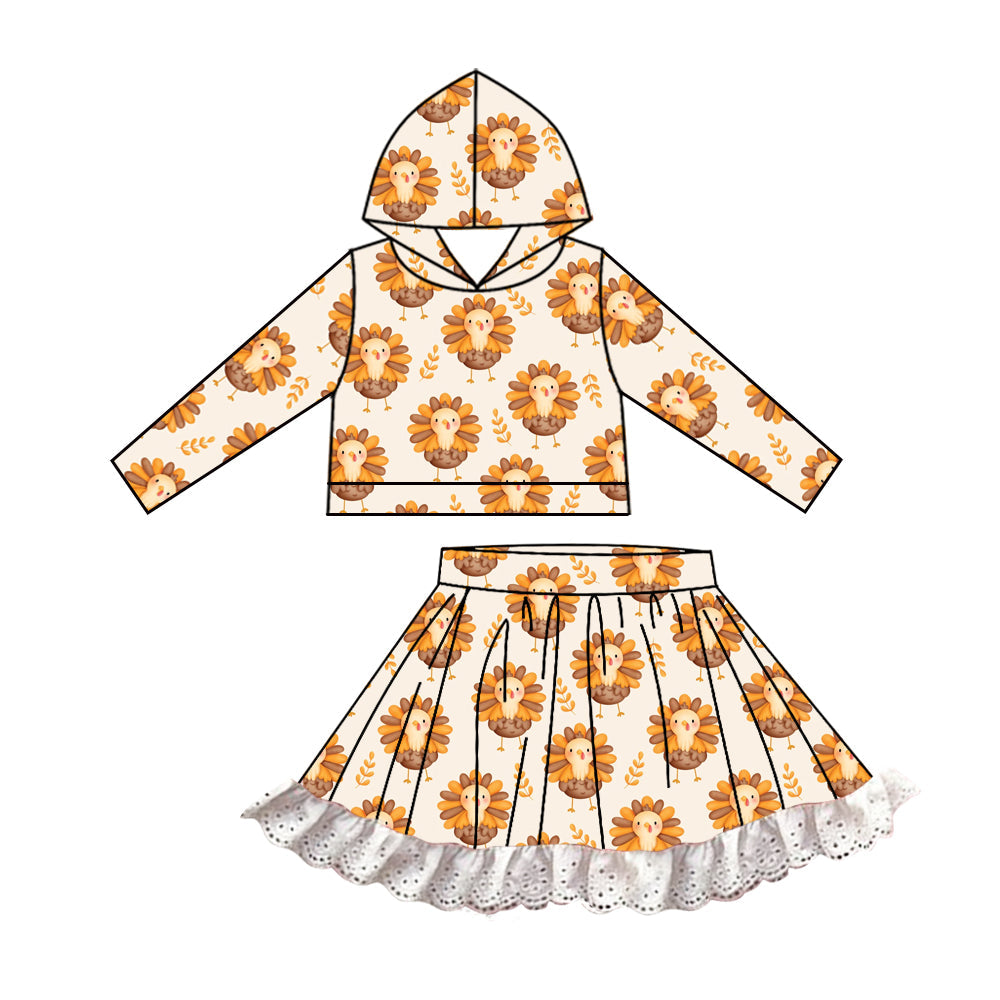 Baby Girl Thanksgiving Turkey Hooded Top Lace Skirts Clothes Set