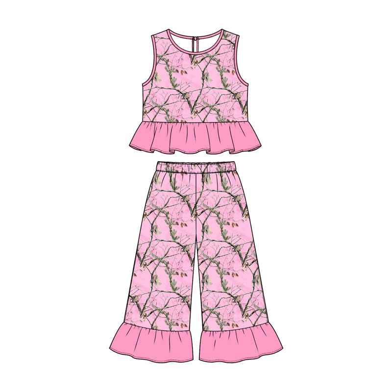 ( Moq 5 ) Preorder Baby Girls Kids Sleeveless Leaves Shirt Ruffle Pants Camo Set Pink Clothes