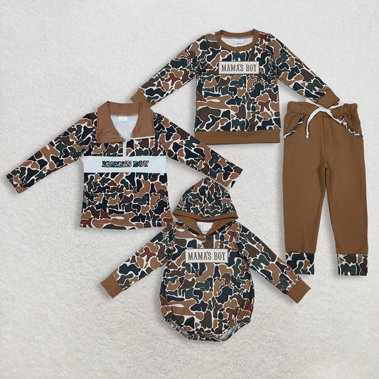 Sibling Baby Kids Long Sleeves Embroidery Mama's Boy Camo Romper Shirt Set Clothes RTS