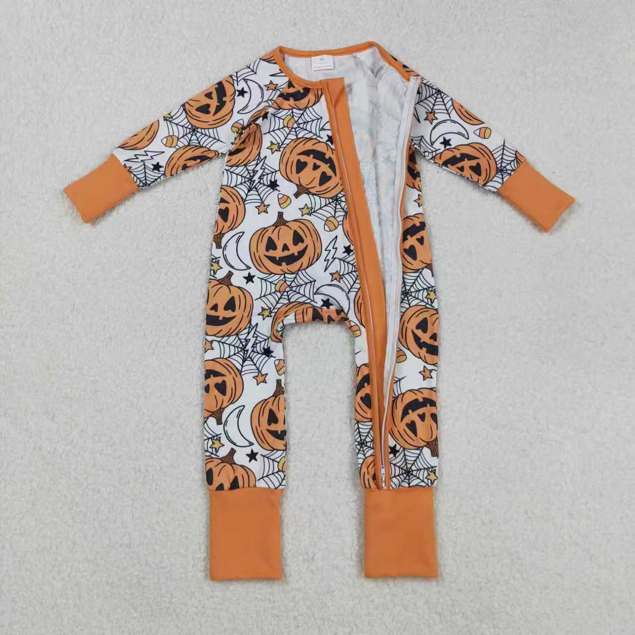 Boys Girls Toddler Long Sleeves Pumpkins Candy Corn Sibling Halloween Dress Footie Romper Set RTS