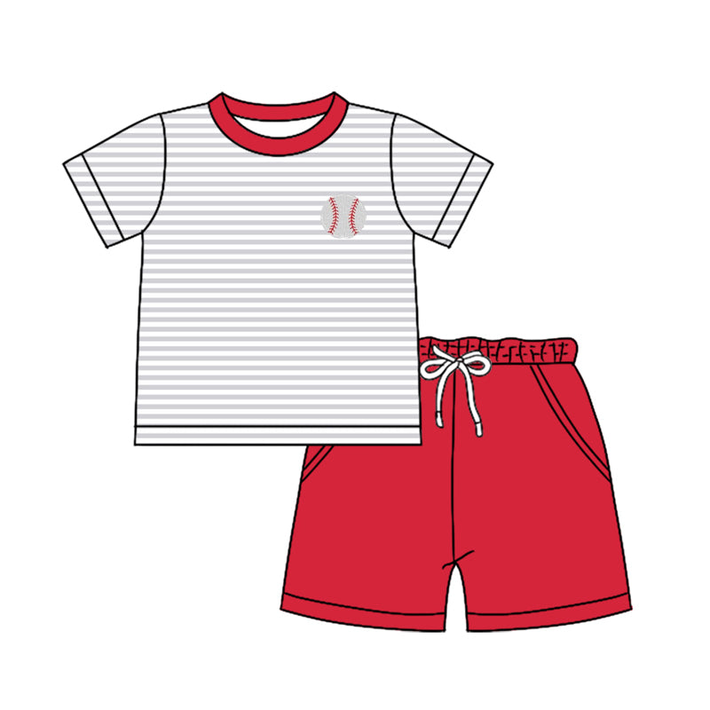 Baby Boy Short Sleeves Baseball Stripes Shirt Pockets Red Shorts Clothes Set Moq 5