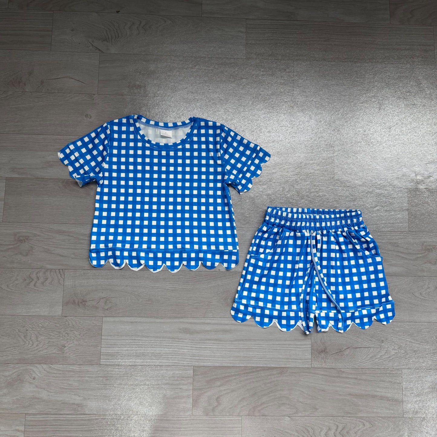 ( No moq ) Preorder Baby Girls Kids Short Sleeves Blue Plaid Shirt Scallop Shorts Set Clothes