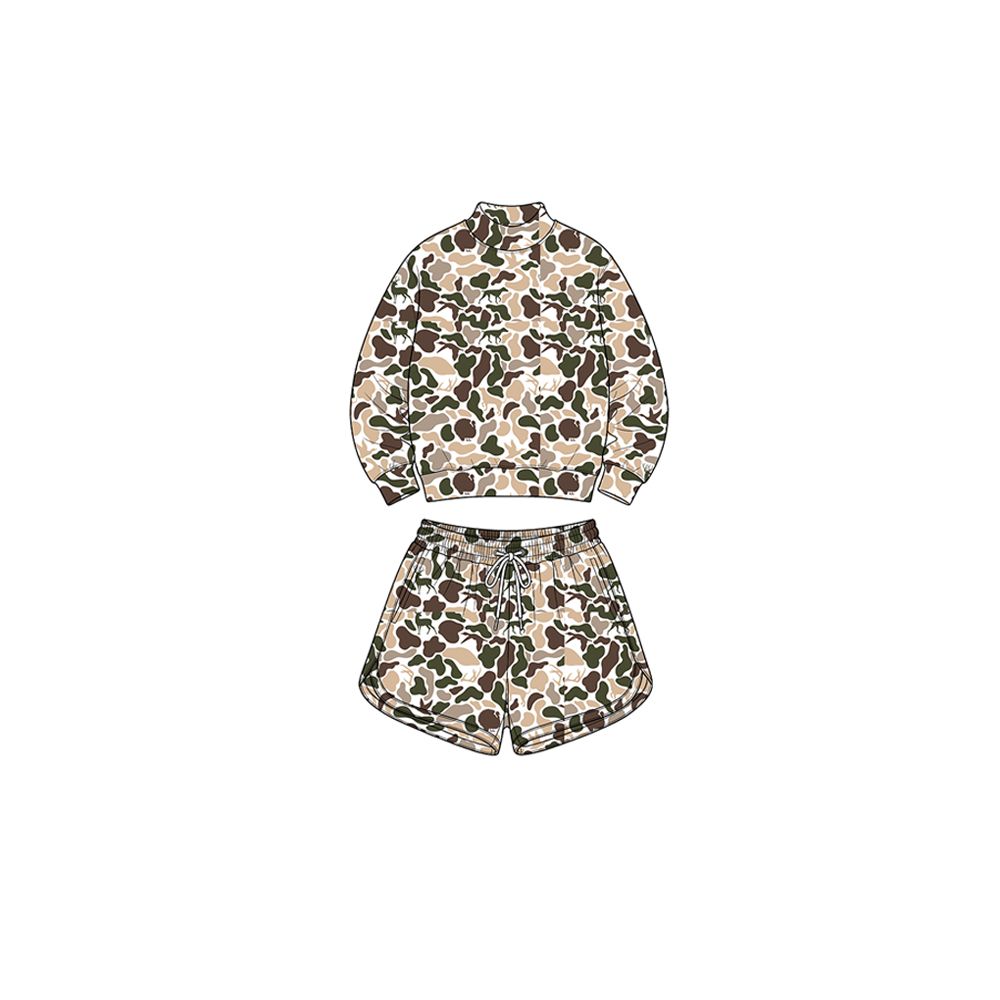 ( Moq 5 ) Preorder Baby Girls Kids Dogs Deer Ducks Shirt Camo Pockets Shorts Set Yoga Active Clothes