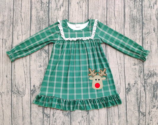 Pre-order Baby Girl Long Sleeves Christmas Embroidery Deer Ruffle Green Plaid Dress