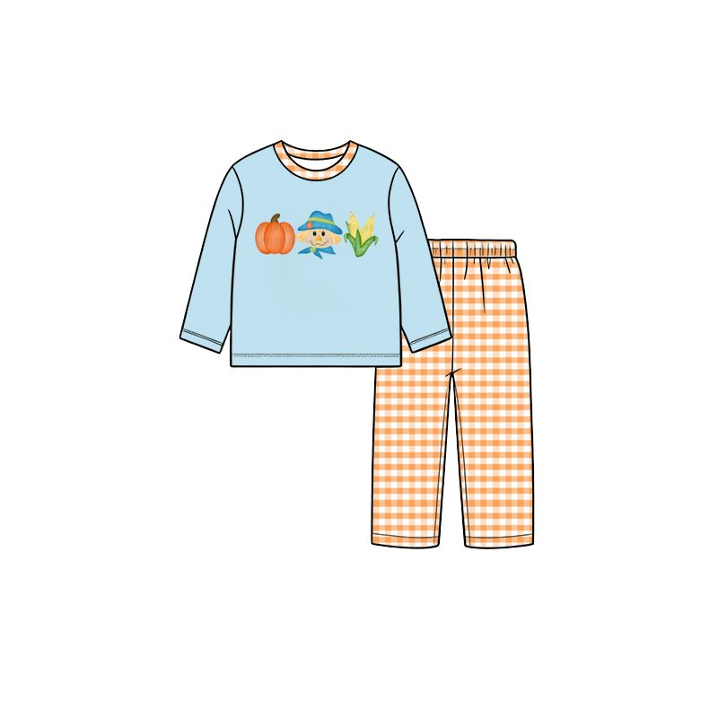 ( Moq 5 ) Preorder Baby Boy Kids Long Sleeves Pumpkin Shirt Orange Plaid Pants Set Clothes