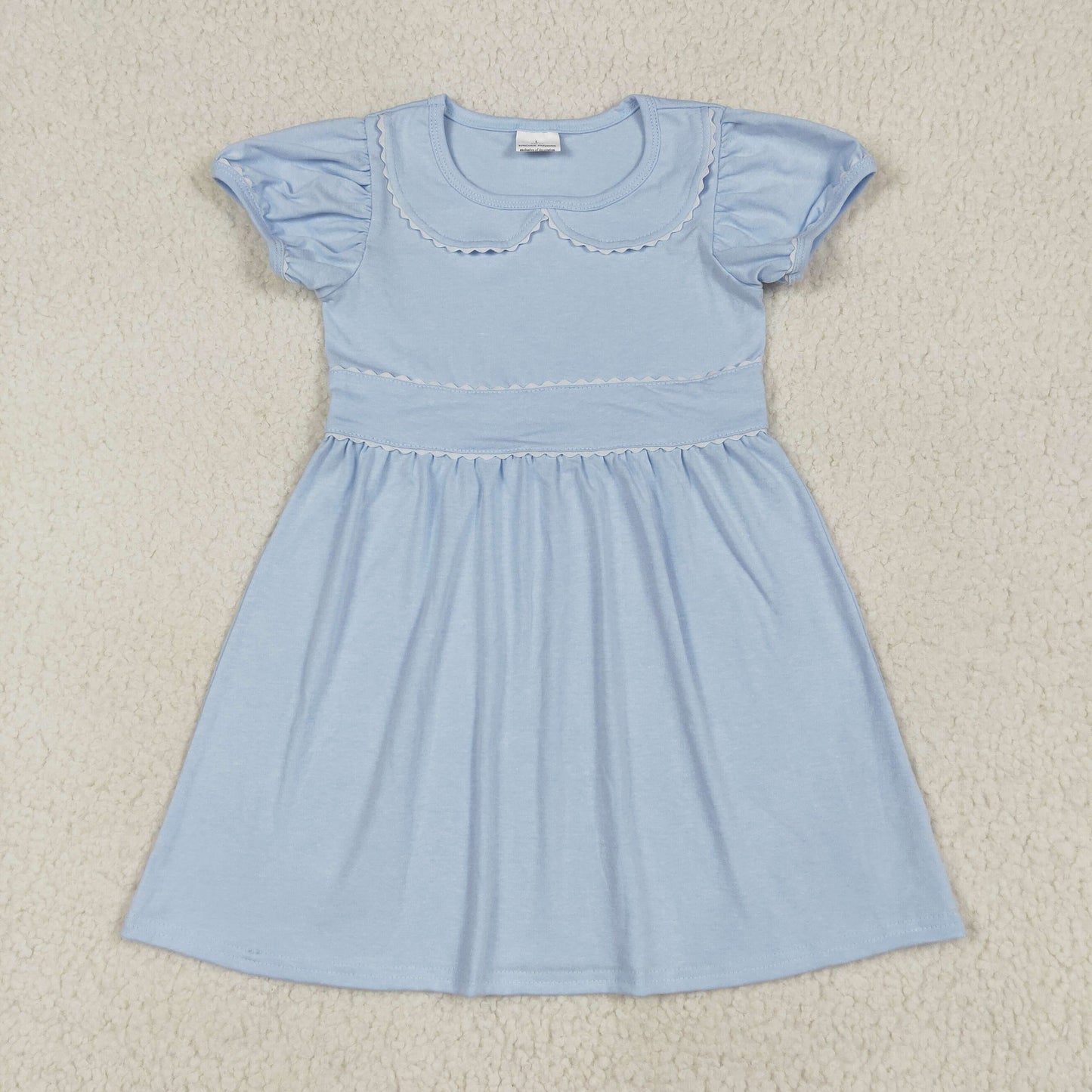 Baby Girl Short Ruffle Sleeves Blue Cotton Knee Length Dress RTS