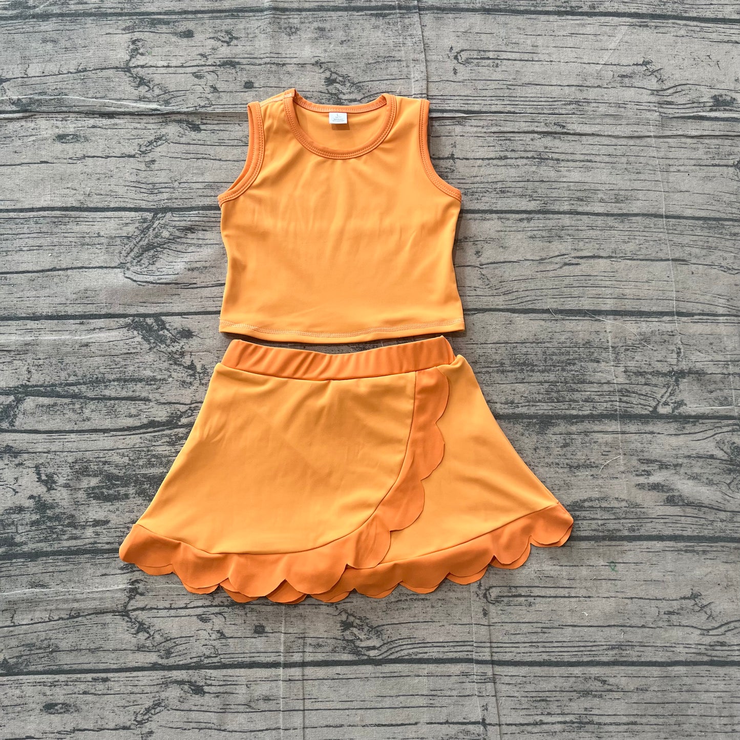 ( No moq ) Preorder Baby Girls Kids Orange Shirt Scallop Skirt Shorts Yoga Active Set Clothes
