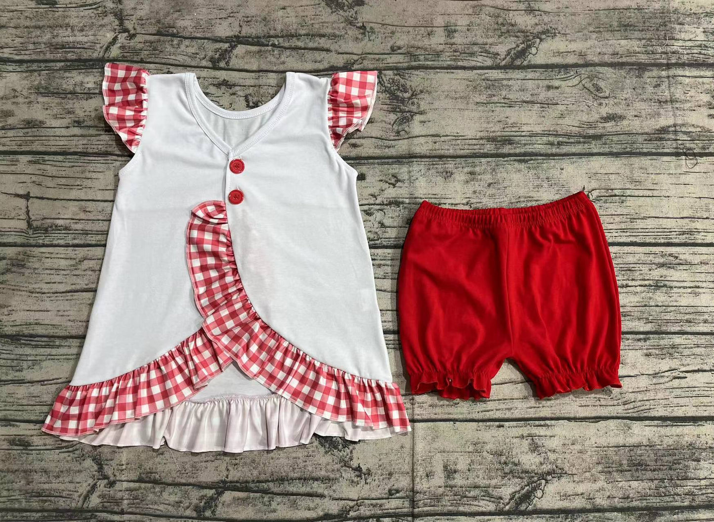 No moq Pre-order July 4th Baby Girl Embroidery Tunic Red Ruffle Shorts Summer Set