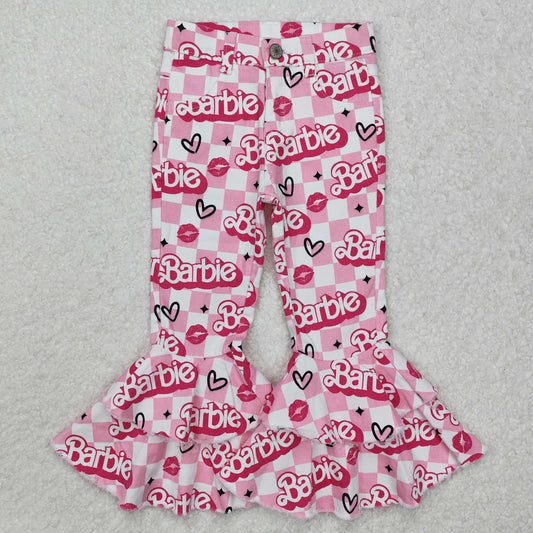 Baby Girl Valentines Checkered Hearts Pink Doll Denim Bell Pants