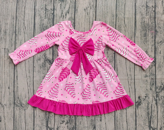 ( No moq ) Preorder Baby Girl Long Sleeves Cakes Tree Christmas Pink Bow Ruffle Dress
