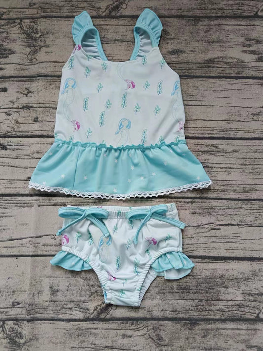 Moq 5 Baby Girl Bathing Suit Short Sleeves Fish Tops Shorts Set Swimsuit