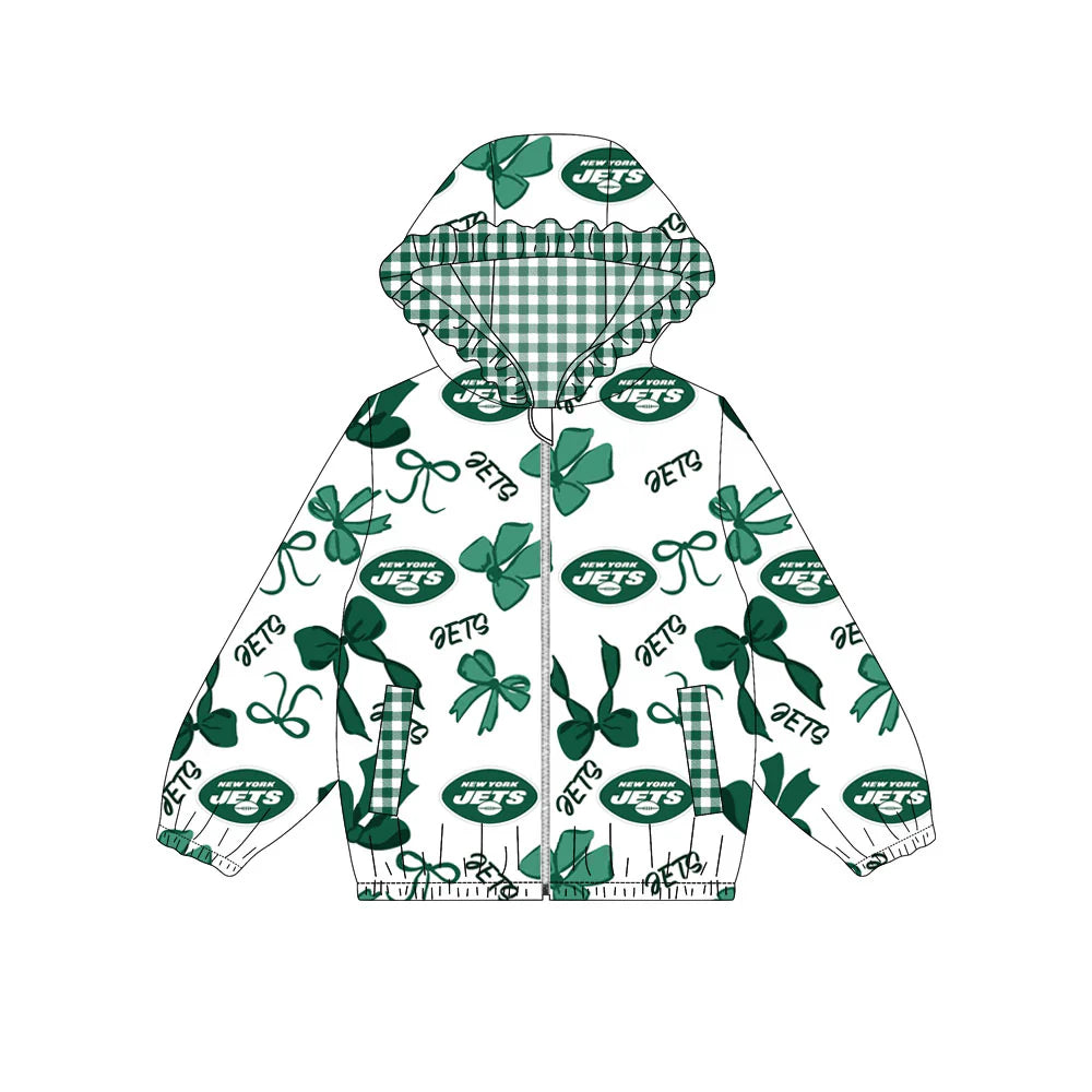 ( Moq 5 ) Baby Girls Kids Green Bows Cheer Pockets Hoodie Zipper Team Jacket Tops