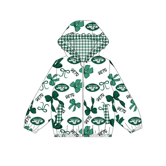 ( Moq 5 ) Baby Girls Kids Green Bows Cheer Pockets Hoodie Zipper Team Jacket Tops