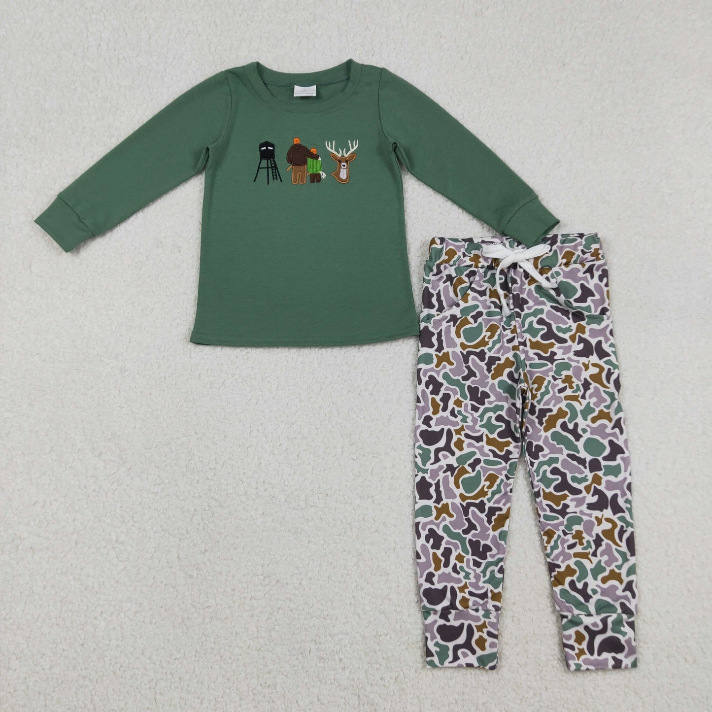 Baby Boys Long Sleeves Embroidery Deer Shirt Camo Pockets Pants Hunting Set RTS