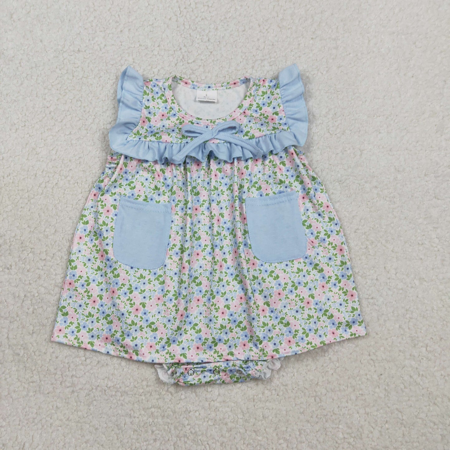 Baby Girls Infant Floral Blue Pockets Bummie Ruffle Romper RTS