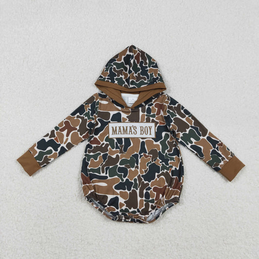 Baby Boys Embroidery Mama's Boy Hoodie Brown Camo Bubble Romper RTS