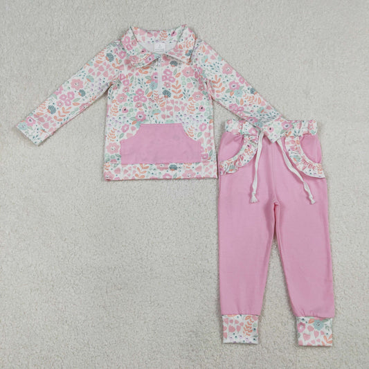 Baby Girls Long Sleeves Flower Zipper Shirt Ruffle Pockets Pink Pants Clothes Set RTS