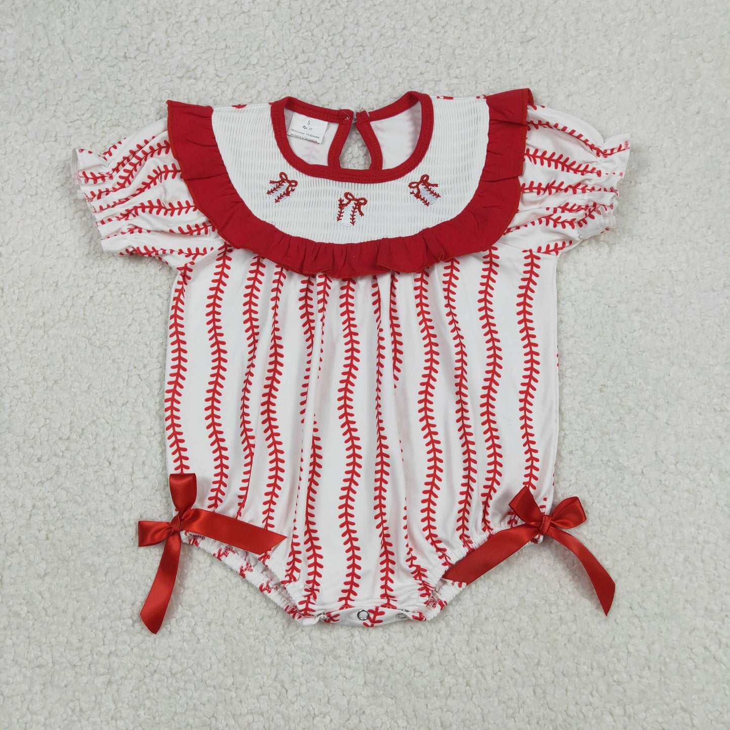 Baby Girls Short Sleeves Embroidery Bows Baseball Team Red Ruffle Smocked Bubble Romper RTS