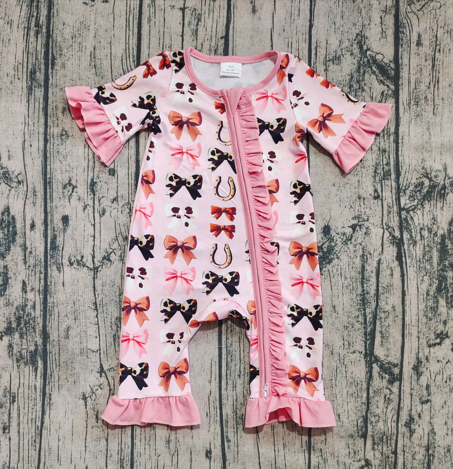 Baby Girl Short Sleeves Bows Western Ruffle Zipper Romper RTS