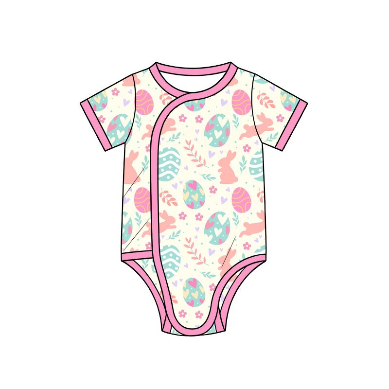 (Moq 5 ) Preorder Baby Girls Kids Short Sleeves Rabbits Eggs Flower Romper Easter Clothes
