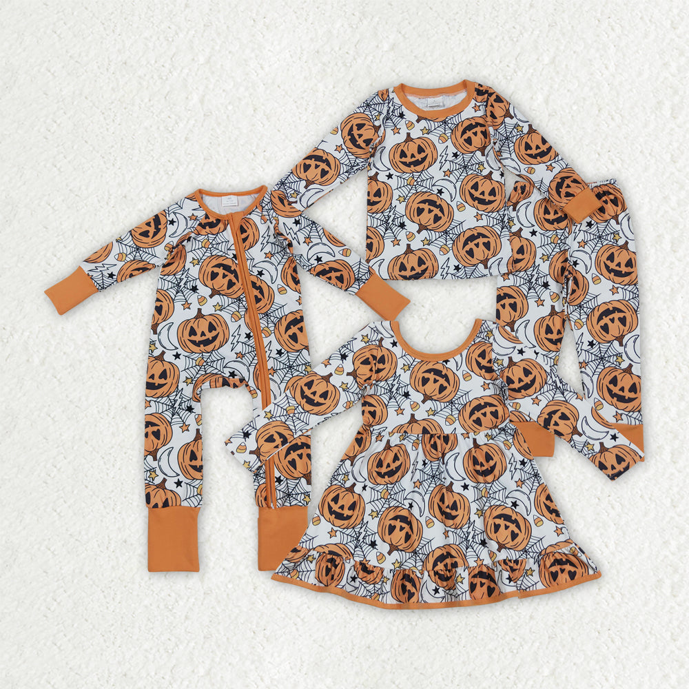 Boys Girls Toddler Long Sleeves Pumpkins Candy Corn Sibling Halloween Dress Footie Romper Set RTS