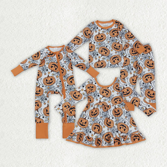 Boys Girls Toddler Long Sleeves Pumpkins Candy Corn Sibling Halloween Dress Footie Romper Set RTS