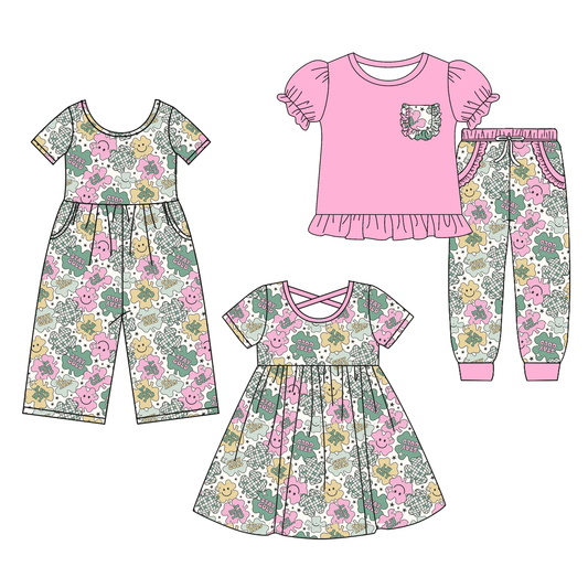( Moq 5 Each Style ) Baby Girls Short Sleeves Clovers St. Patrick's Day Sibling Jumpsuit Dress Set