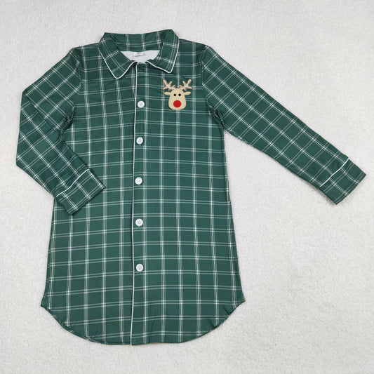 Adult Women Green Plaid Long Sleeves Christmas Embroidery Deer Tops Sleepwear RTS