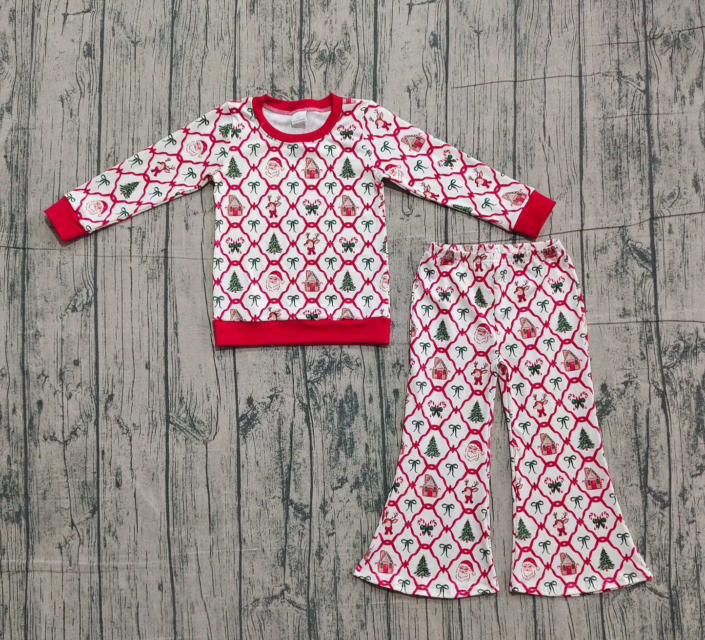 Baby Girls Kids Long Sleeves Santa Bows Shirt Bell Pants Christmas Clothes Set RTS
