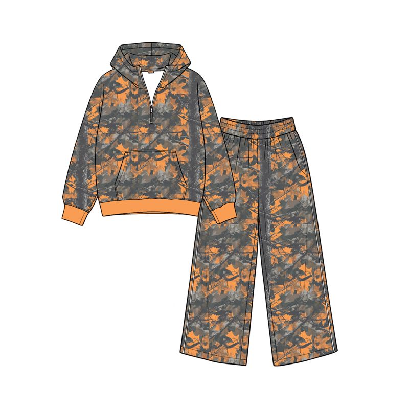 ( Moq 5 ) Preorder Baby Girls Kids Long Sleeves Leaves Hoodie Zipper Pocket Shirt Pants Camo Set Clothes