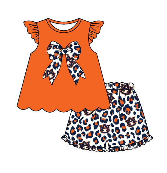 Baby Girl AU Team Bow Orange Tunic Leopard Shorts Clothes Set ( Moq 5 )